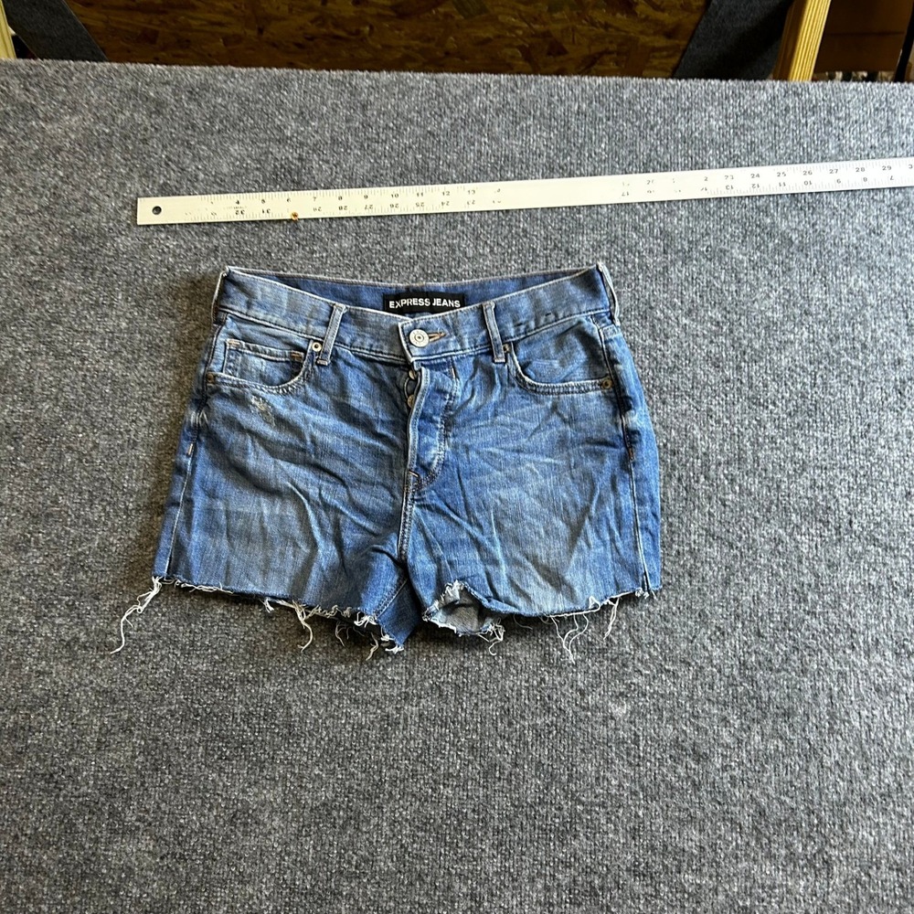 Express Jeans Shorts Womens Size 2R Blue High Rise Distressed Raw Hem Cutoff